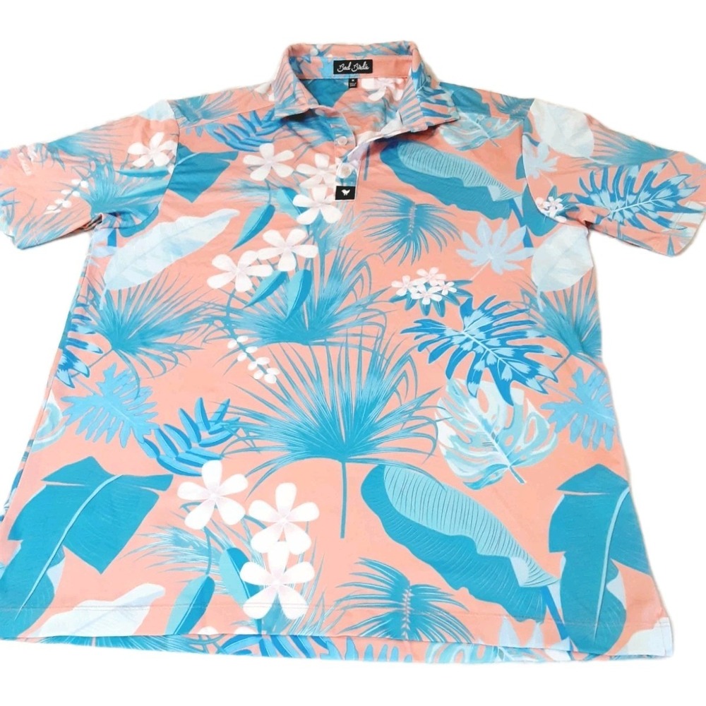 Bad Birdie Polo Shirt Mens Medium Floral Leaves Golf Performance Short Sleeve